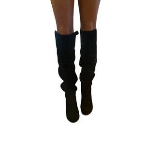Designer Black Suede Leather Over-The-Knee Block Heel Boots